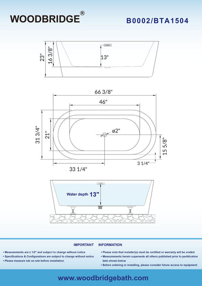 WOODBRIDGE 66" Acrylic Freestanding Bathtub Contemporary Soaking Tub