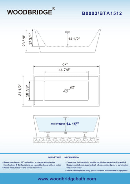WOODBRIDGE 67" Acrylic Freestanding Bathtub Contemporary Soaking Tub