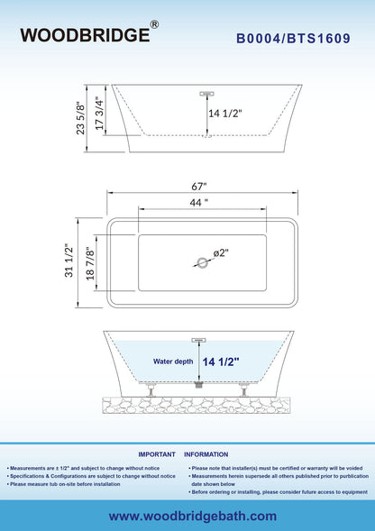 WOODBRIDGE 67" Acrylic Freestanding Bathtub Contemporary Soaking Tub