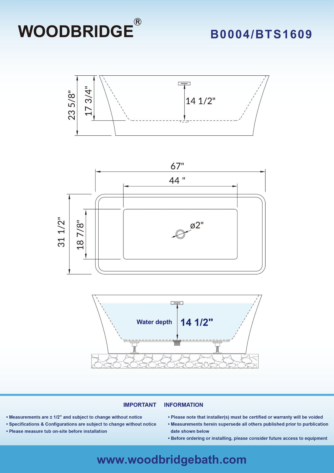 WOODBRIDGE 67" Acrylic Freestanding Bathtub Contemporary Soaking Tub