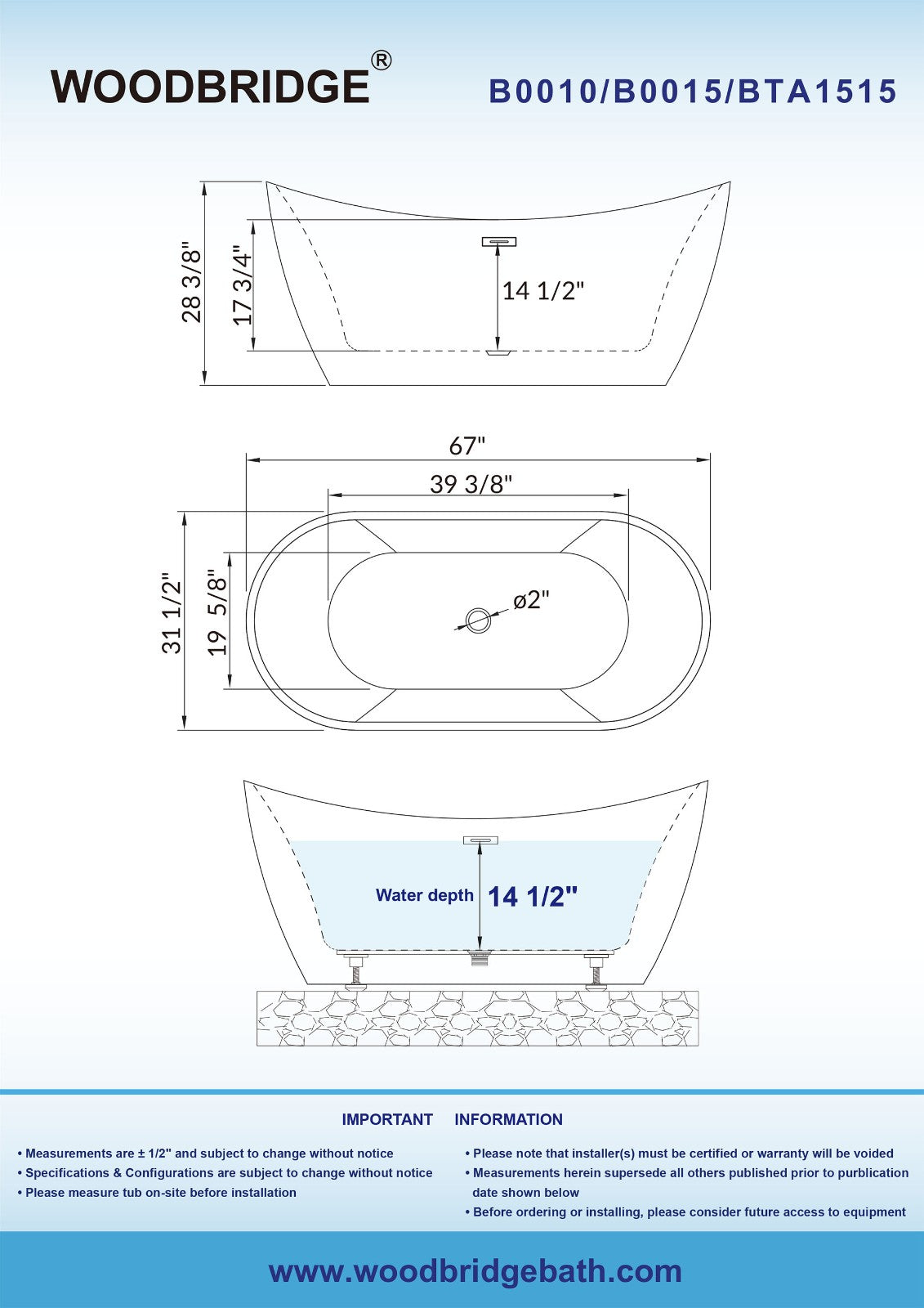 WOODBRIDGE 67" Acrylic Freestanding Bathtub Contemporary Soaking Tub