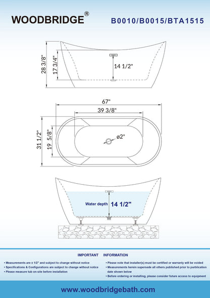 WOODBRIDGE 67" Acrylic Freestanding Bathtub Contemporary Soaking Tub