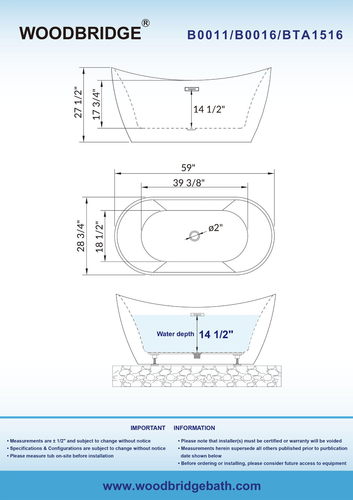WOODBRIDGE 59" Acrylic Freestanding Bathtub Contemporary Soaking Tub