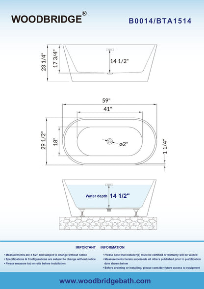 WOODBRIDGE 59" Acrylic Freestanding Bathtub Contemporary Soaking Tub