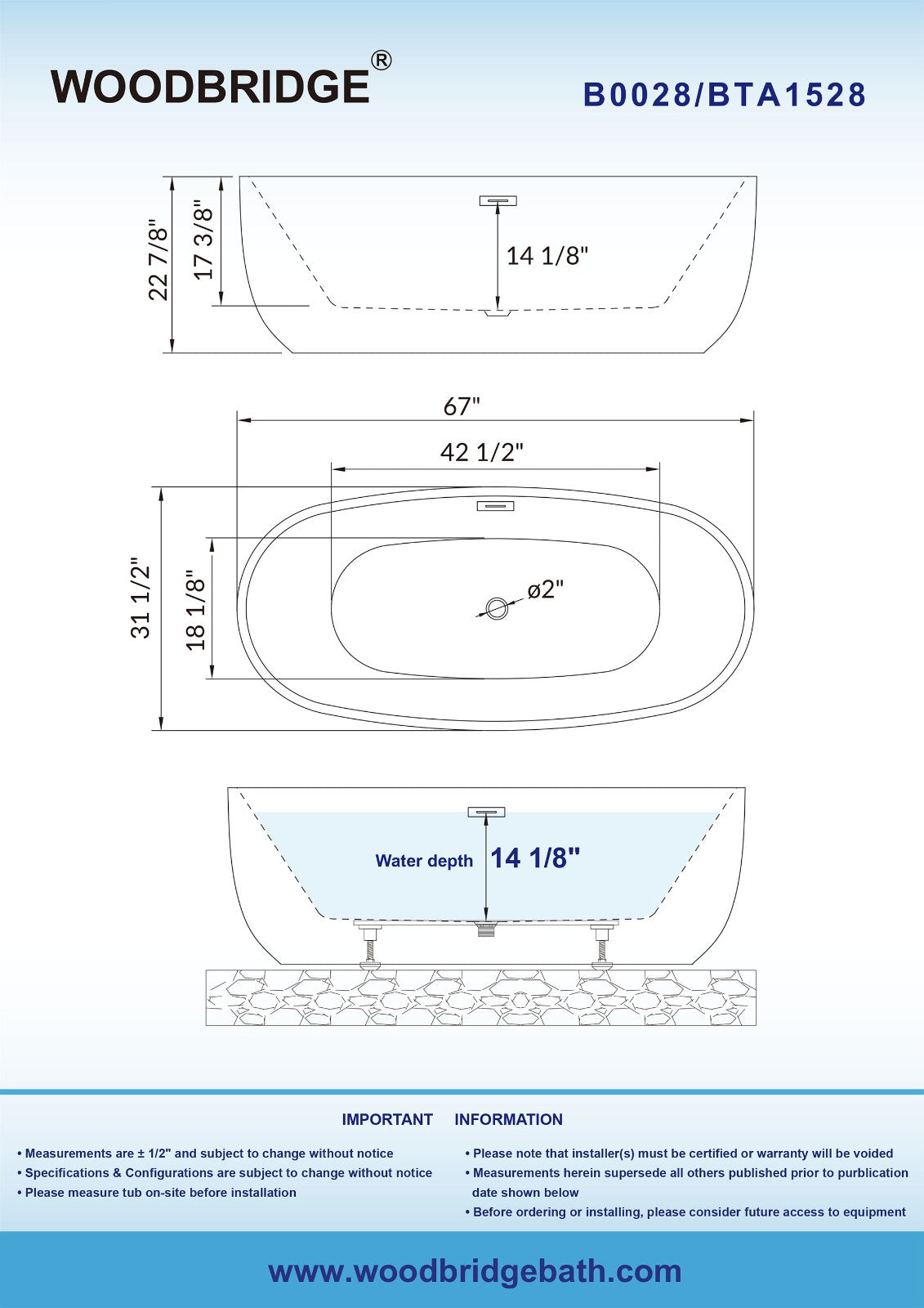 WOODBRIDGE 67" Acrylic Freestanding Bathtub Contemporary Soaking Tub