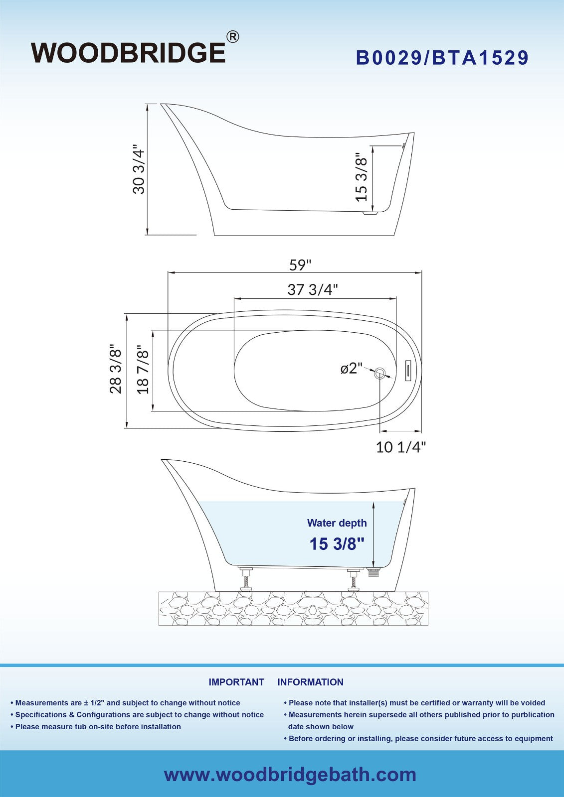 WOODBRIDGE 59" Acrylic Freestanding Bathtub Contemporary Soaking Tub