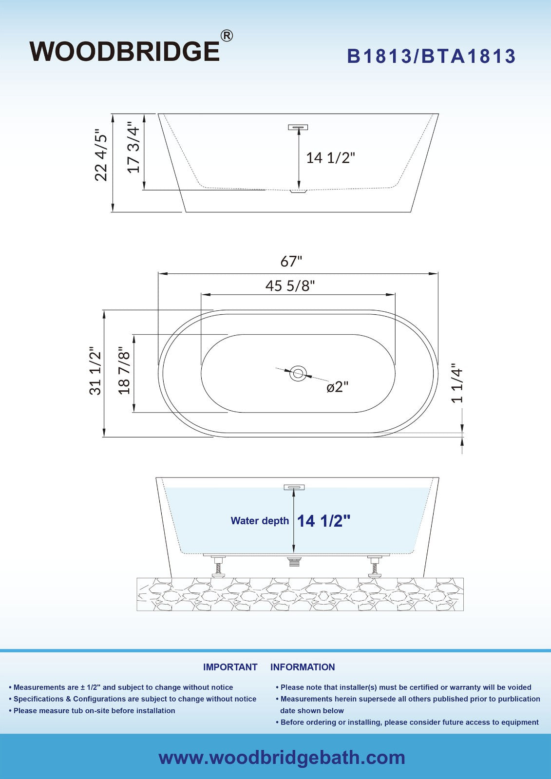 WOODBRIDGE B-1813 67" Acrylic Freestanding Bathtub Contemporary Soaking Tub