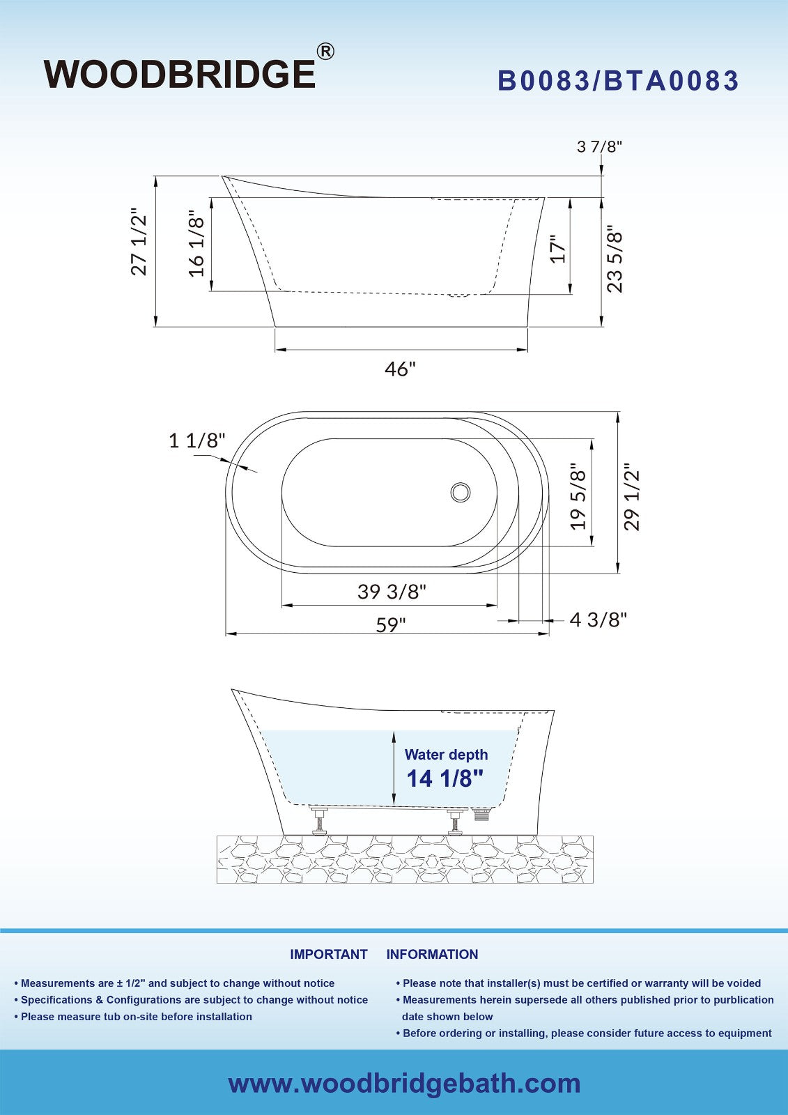 WOODBRIDGE 59" Acrylic Freestanding Bathtub Contemporary Soaking Tub