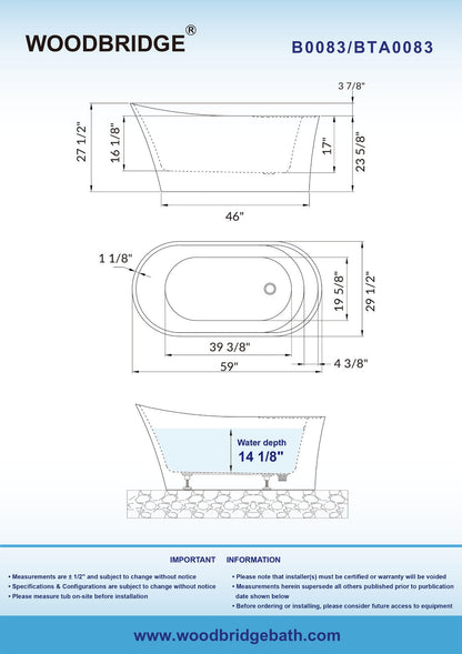 WOODBRIDGE 59" Acrylic Freestanding Bathtub Contemporary Soaking Tub