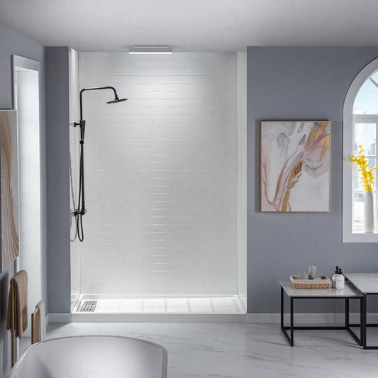 WOODBRIDGE Solid Surface 60" W x 96" H Tile Tub and Shower Wall Panel Surround, Quick Install, Cuttable, Staggered Brick Pattern