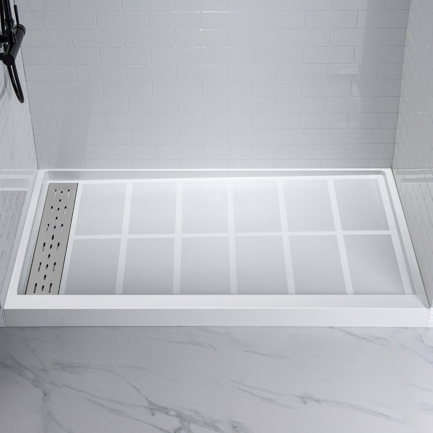 WOODBRIDGE Solid Surface 60" W x 96" H Tile Tub and Shower Wall Panel Surround, Quick Install, Cuttable, Staggered Brick Pattern