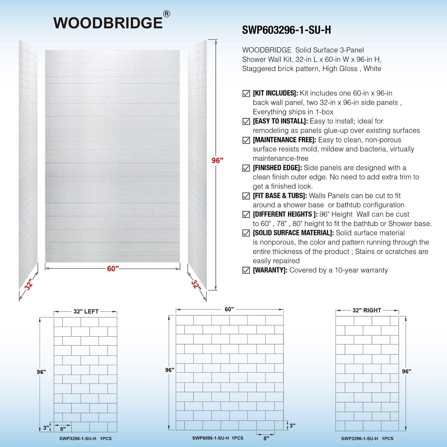 WOODBRIDGE Solid Surface 60" W x 96" H Tile Tub and Shower Wall Panel Surround, Quick Install, Cuttable, Staggered Brick Pattern