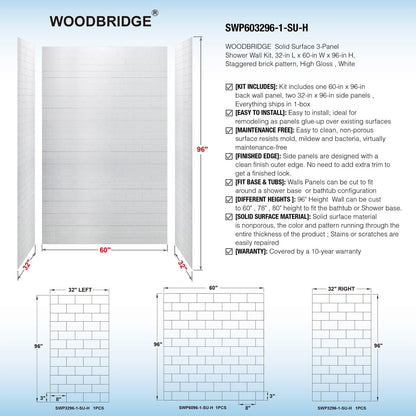 WOODBRIDGE Solid Surface 60" W x 96" H Tile Tub and Shower Wall Panel Surround, Quick Install, Cuttable, Staggered Brick Pattern