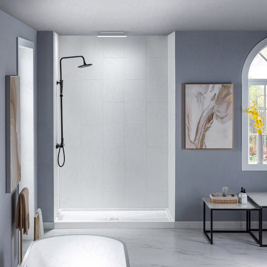 WOODBRIDGE Solid Surface 60" W x 96" H Tile Tub and Shower Wall Panel Surround, Quick Install, Cuttable, Stacked Block in a Staggered Vertical Pattern