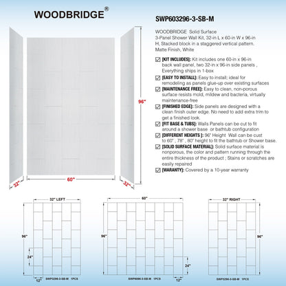 WOODBRIDGE Solid Surface 60" W x 96" H Tile Tub and Shower Wall Panel Surround, Quick Install, Cuttable, Stacked Block in a Staggered Vertical Pattern