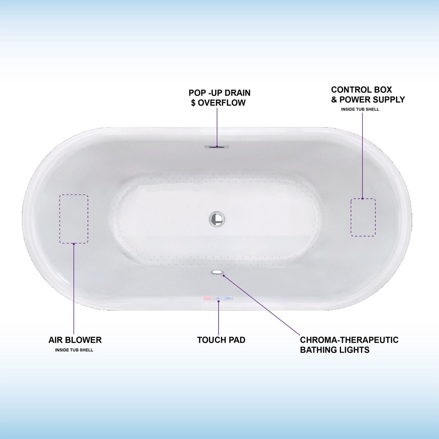 WOODBRIDGE 67" Contemporary Freestanding Acrylic Air Bubble Soaking Bathtub