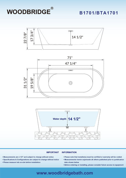 WOODBRIDGE 71" Acrylic Freestanding Bathtub Contemporary Soaking Tub