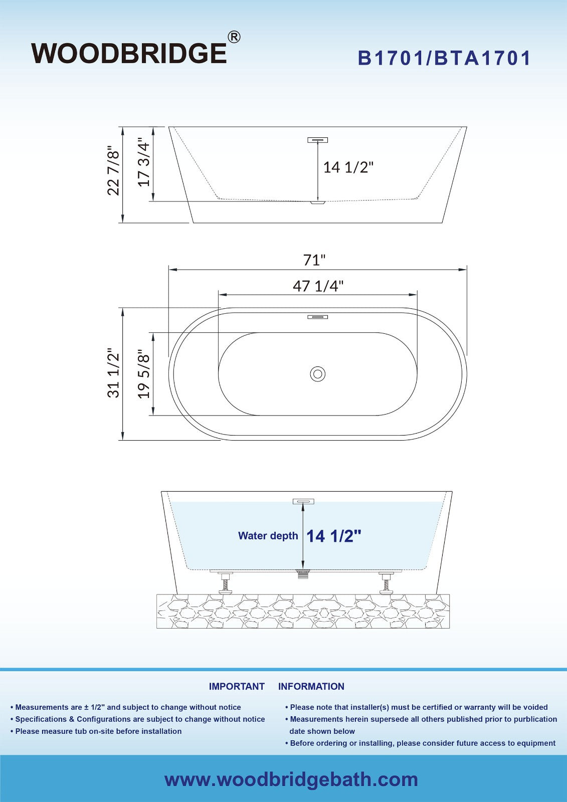WOODBRIDGE 71" Acrylic Freestanding Bathtub Contemporary Soaking Tub