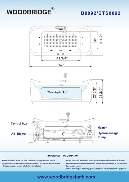 WOODBRIDGE 67"L x 31-1/2"W 1 Person Freestanding Massage Hydrotherapy Bathtub Tub