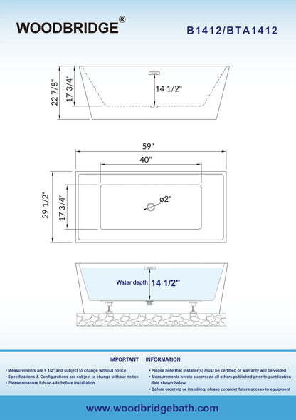 WOODBRIDGE 59" Acrylic Freestanding Bathtub Contemporary Soaking Tub