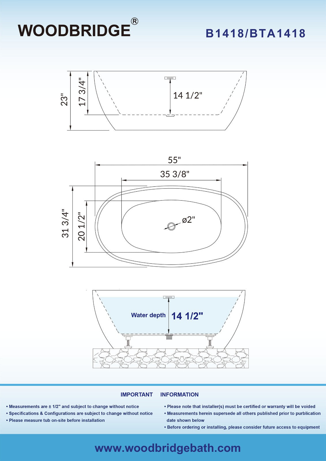 WOODBRIDGE 55" Acrylic Freestanding Bathtub Contemporary Soaking Tub