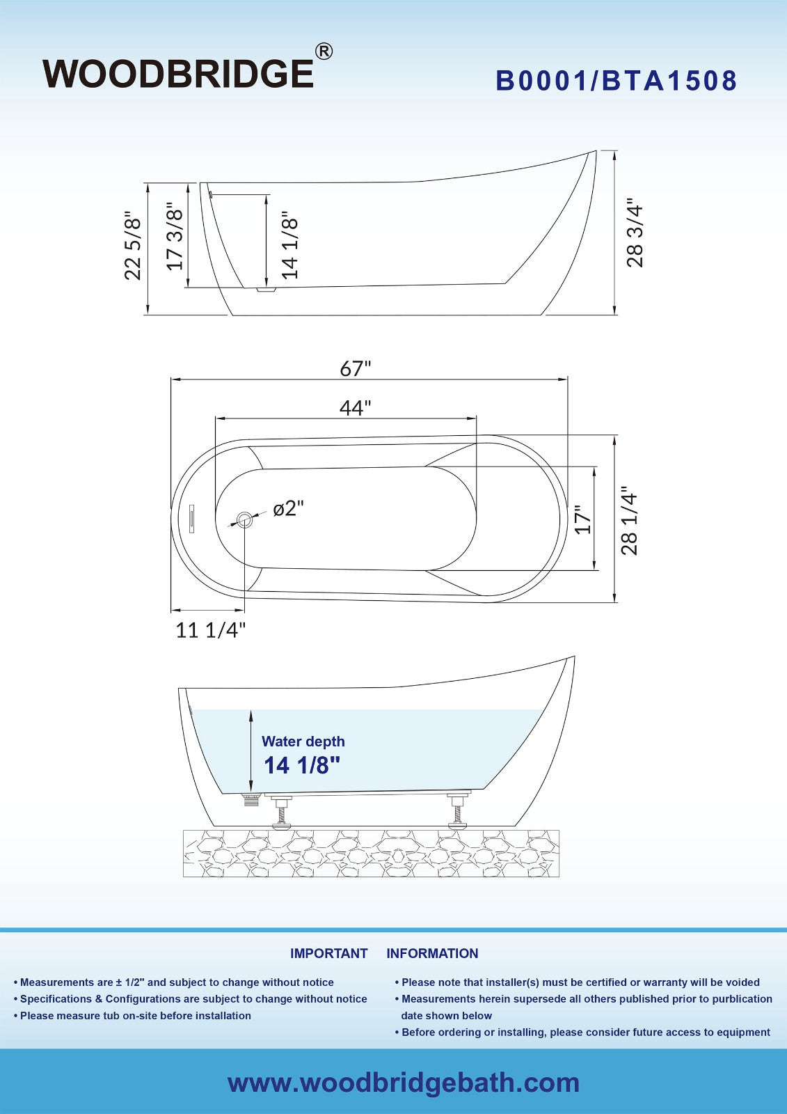 WOODBRIDGE 67" Acrylic Freestanding Bathtub Contemporary Soaking Tub