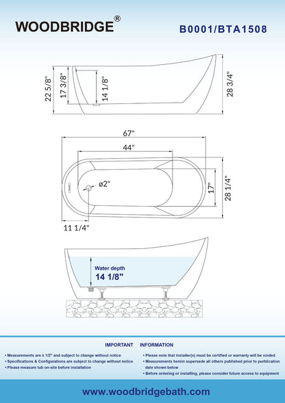 WOODBRIDGE 67" Acrylic Freestanding Bathtub Contemporary Soaking Tub