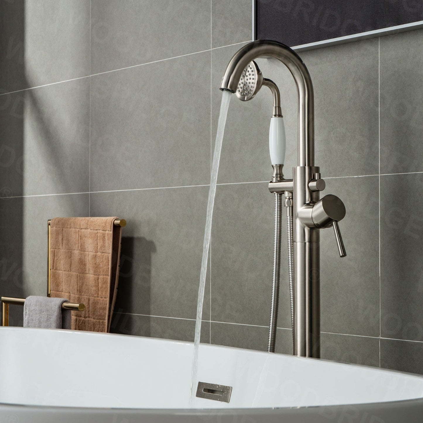 WOODBRIDGE WOODBRIDGEE F0001BNVT Contemporary Single Handle Floor Mount Freestanding Tub Filler Faucet with Hand shower