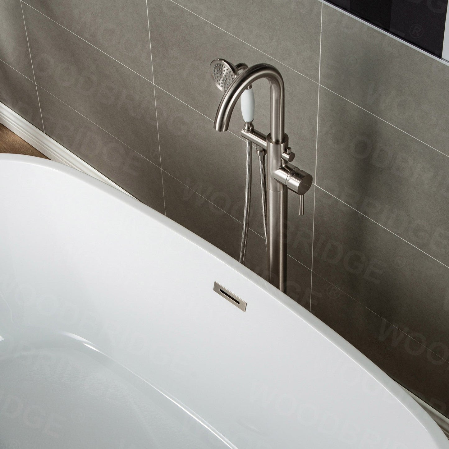 WOODBRIDGE WOODBRIDGEE F0001BNVT Contemporary Single Handle Floor Mount Freestanding Tub Filler Faucet with Hand shower