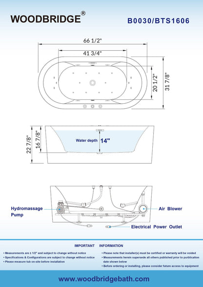 WOODBRIDGE 67" x 32" Whirlpool Water Jetted and Air Bubble Freestanding Bathtub