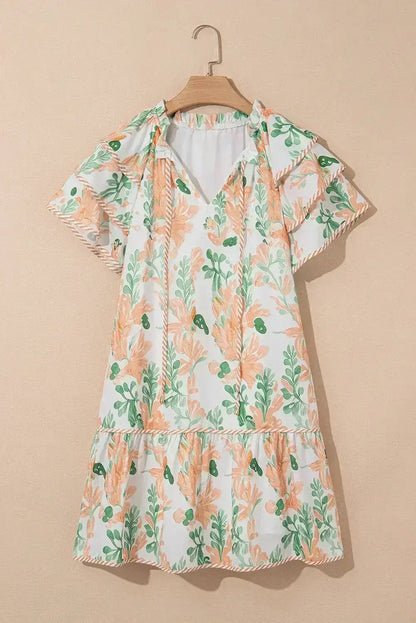 Sky Blue Floral Contrast Edge Ruffle Sleeve Tie Neck Mini Dress
