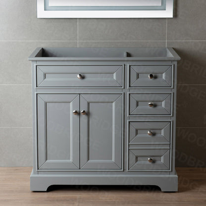 WOODBRIDGE London 36" inch Solid Wood Bathroom Vanity Base only | 2 Soft Closing Doors and 3 full Extension Solid Wood Dovetail Drawers |3 drawers on the Right| Grey Vanity Color |