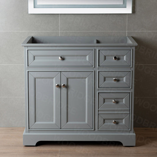 WOODBRIDGE London 36" inch Solid Wood Bathroom Vanity Base only | 2 Soft Closing Doors and 3 full Extension Solid Wood Dovetail Drawers |3 drawers on the Right| Grey Vanity Color |