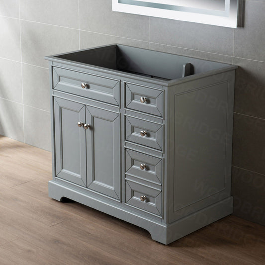 WOODBRIDGE London 36" inch Solid Wood Bathroom Vanity Base only | 2 Soft Closing Doors and 3 full Extension Solid Wood Dovetail Drawers |3 drawers on the Right| Grey Vanity Color |