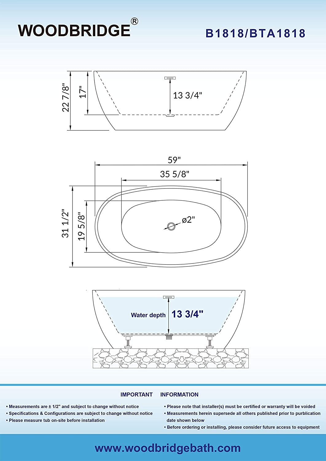WOODBRIDGE 59" Acrylic Freestanding Bathtub Contemporary Soaking Tub