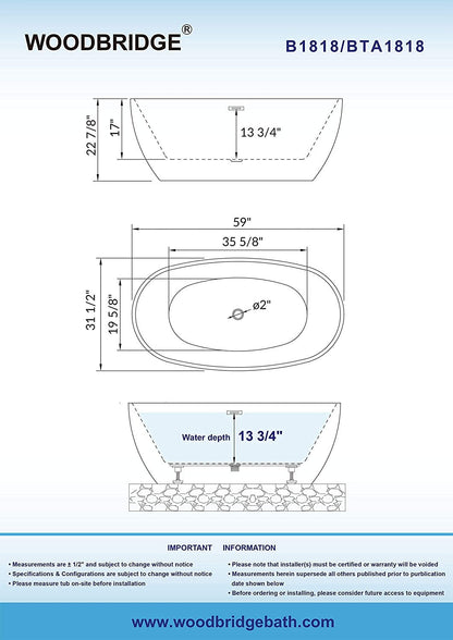 WOODBRIDGE 59" Acrylic Freestanding Bathtub Contemporary Soaking Tub