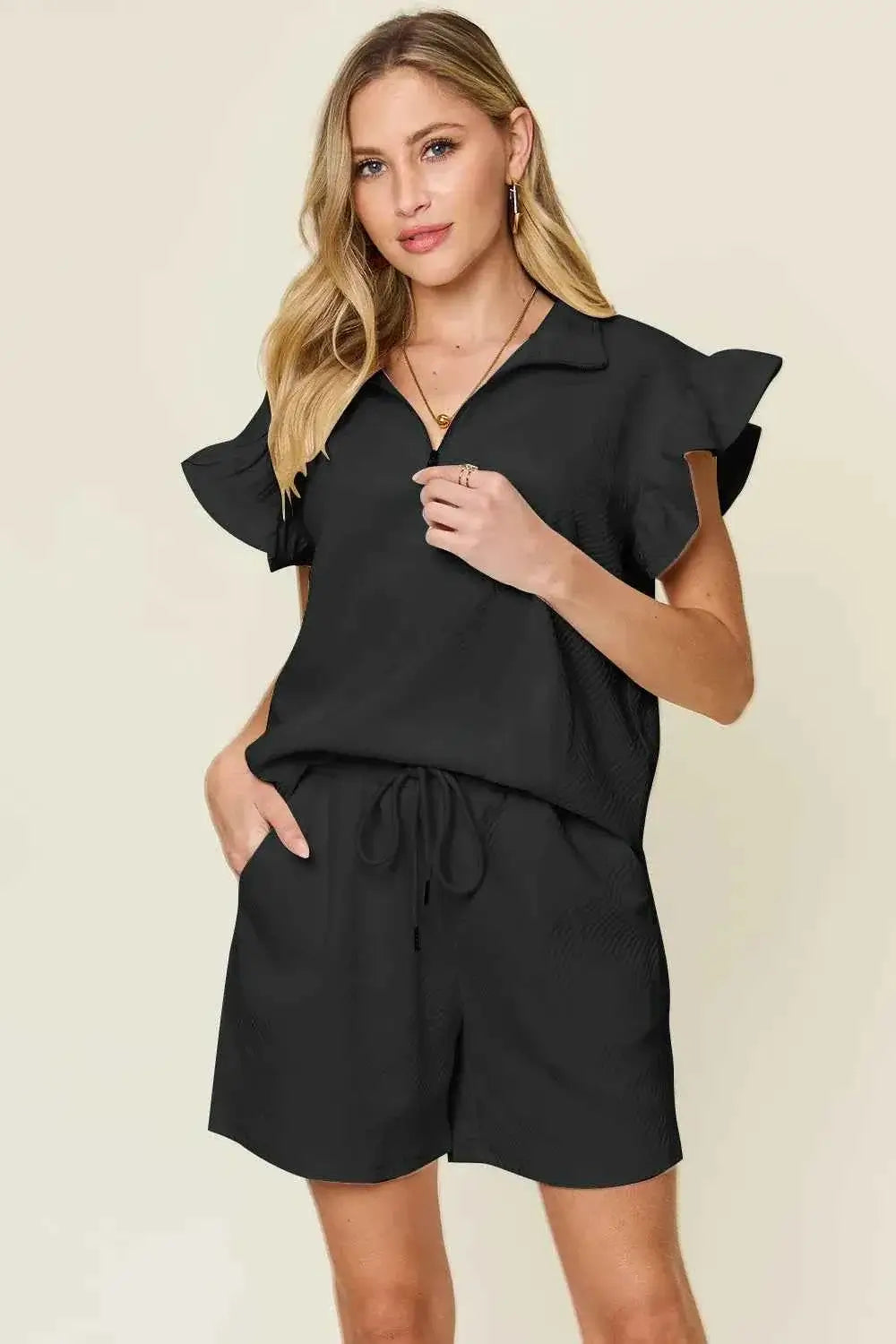 Plus Size Flounce Sleeve 2 piece top and shorts set