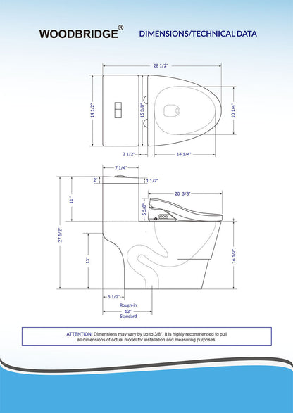 WOODBRIDGE T-0008 Luxury Bidet Toilet, Elongated One Piece Toilet with Advanced Bidet Seat, Chair Height, Smart Toilet Seat with Temperature Controlled Wash Functions and Air Dryer
