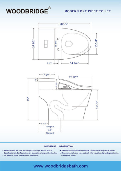 WOODBRIDGE Toilet & Bidet Luxury Elongated One Piece Advanced Smart Seat with Temperature Controlled Wash Functions and Air Dryer, Toilet with Bidet. T-0737, Bidet & Toilet