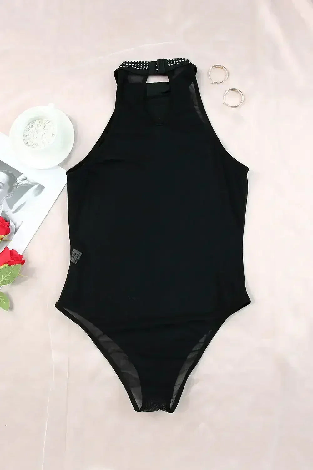 Rhinestone High Neck Sleeveless Bodysuit Black - Femstylo