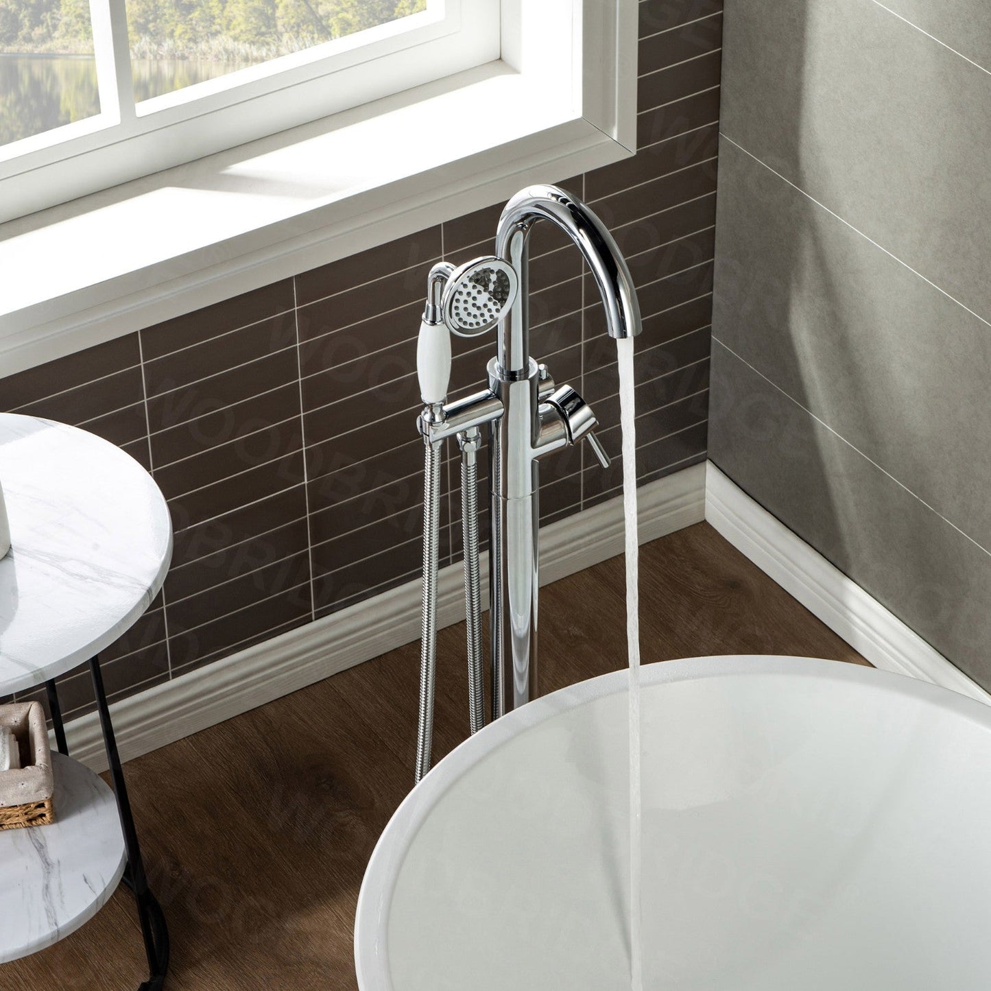 WOODBRIDGE WOODBRIDGEE F0001BNVT Contemporary Single Handle Floor Mount Freestanding Tub Filler Faucet with Hand shower