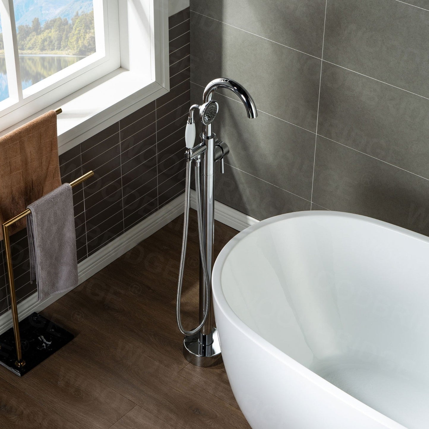 WOODBRIDGE WOODBRIDGEE F0001BNVT Contemporary Single Handle Floor Mount Freestanding Tub Filler Faucet with Hand shower