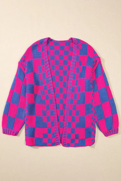 Taupe Colorblock Checked Open Front Knitted Cardigan