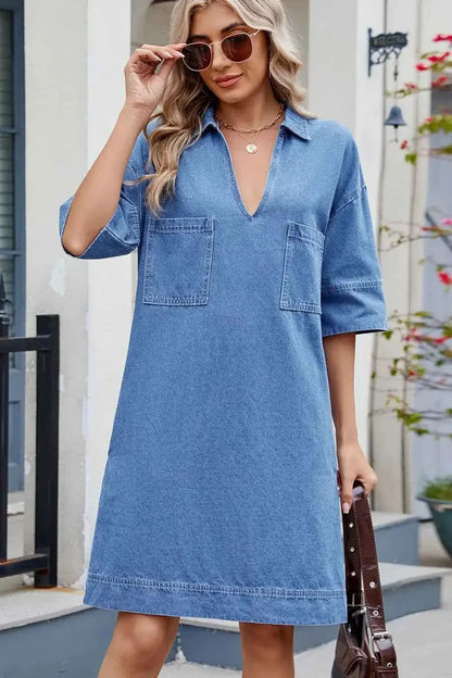 Johnny Collar Denim Dress - Half Sleeve Design