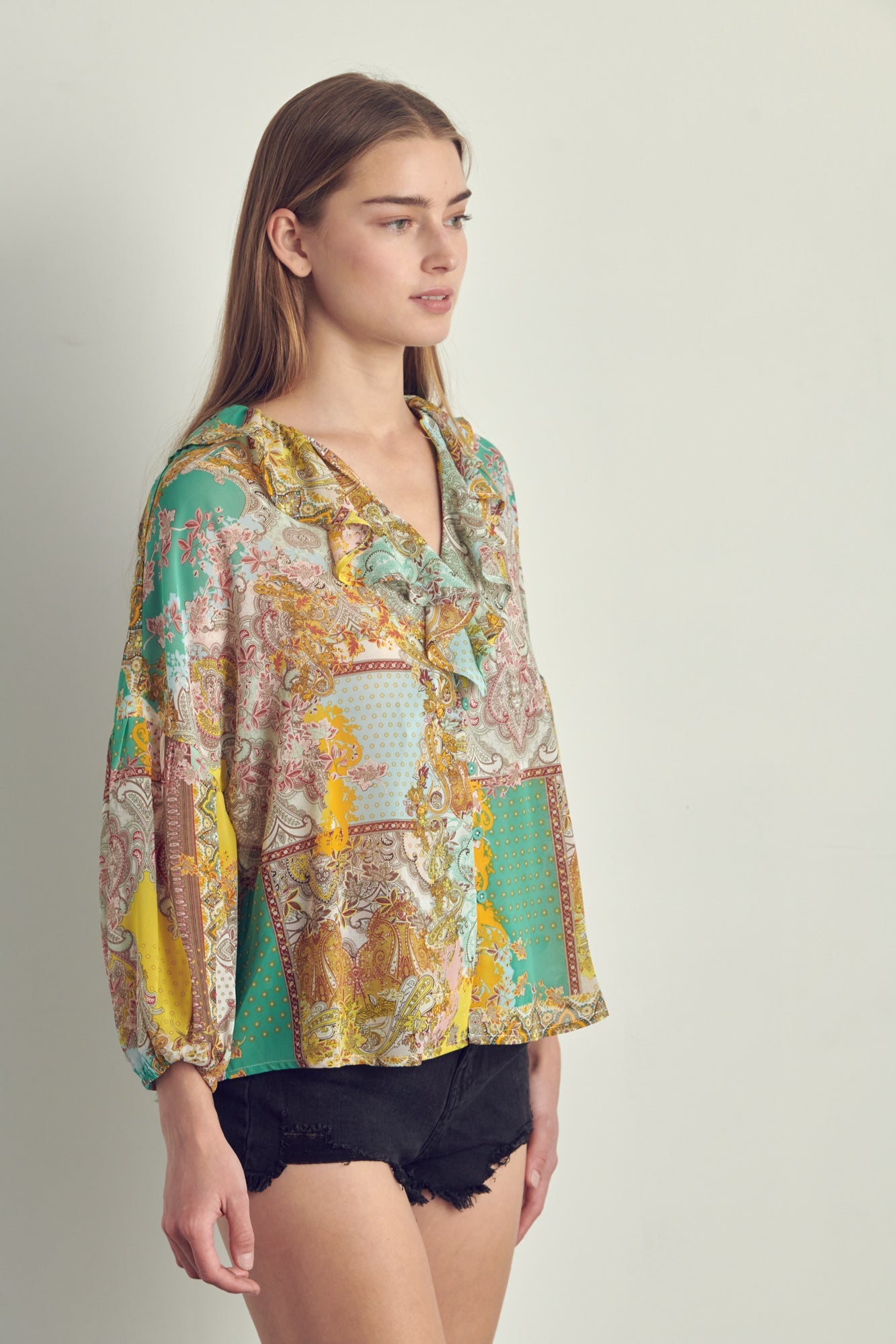 Ruffled V-Neck Patchwork Blouse | Apparel | Kitchen + Metal