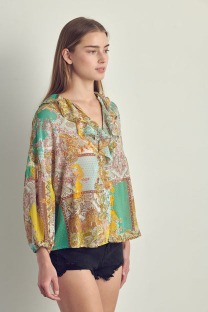 Ruffled V-Neck Patchwork Blouse | Apparel | Kitchen + Metal