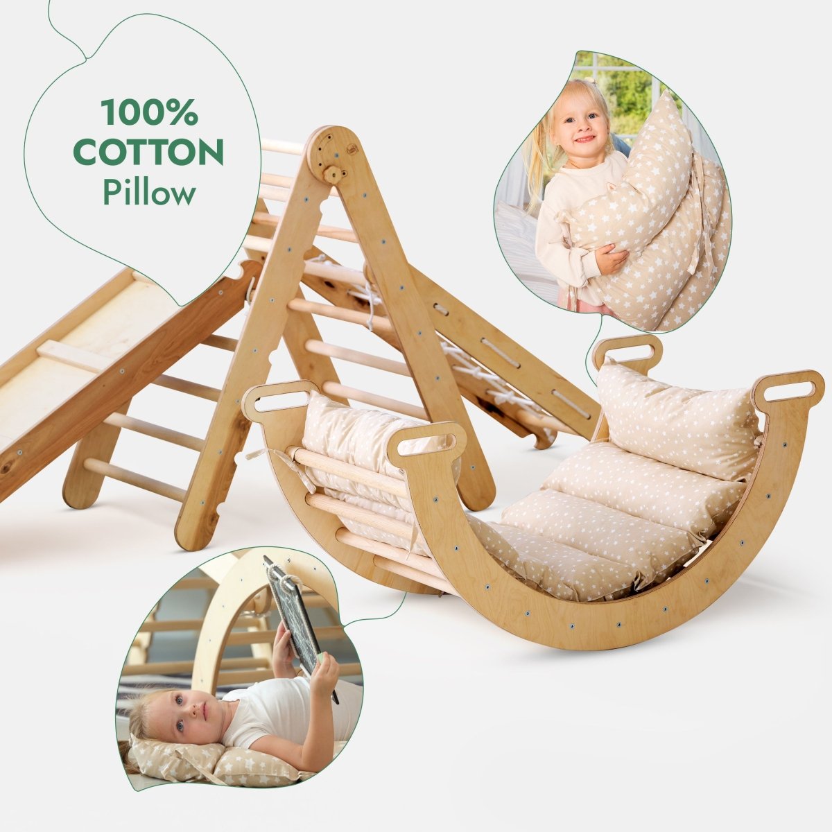 5in1 Montessori Climbing Set: Pikler, Climbing Arch, Slide, Net & Cushion