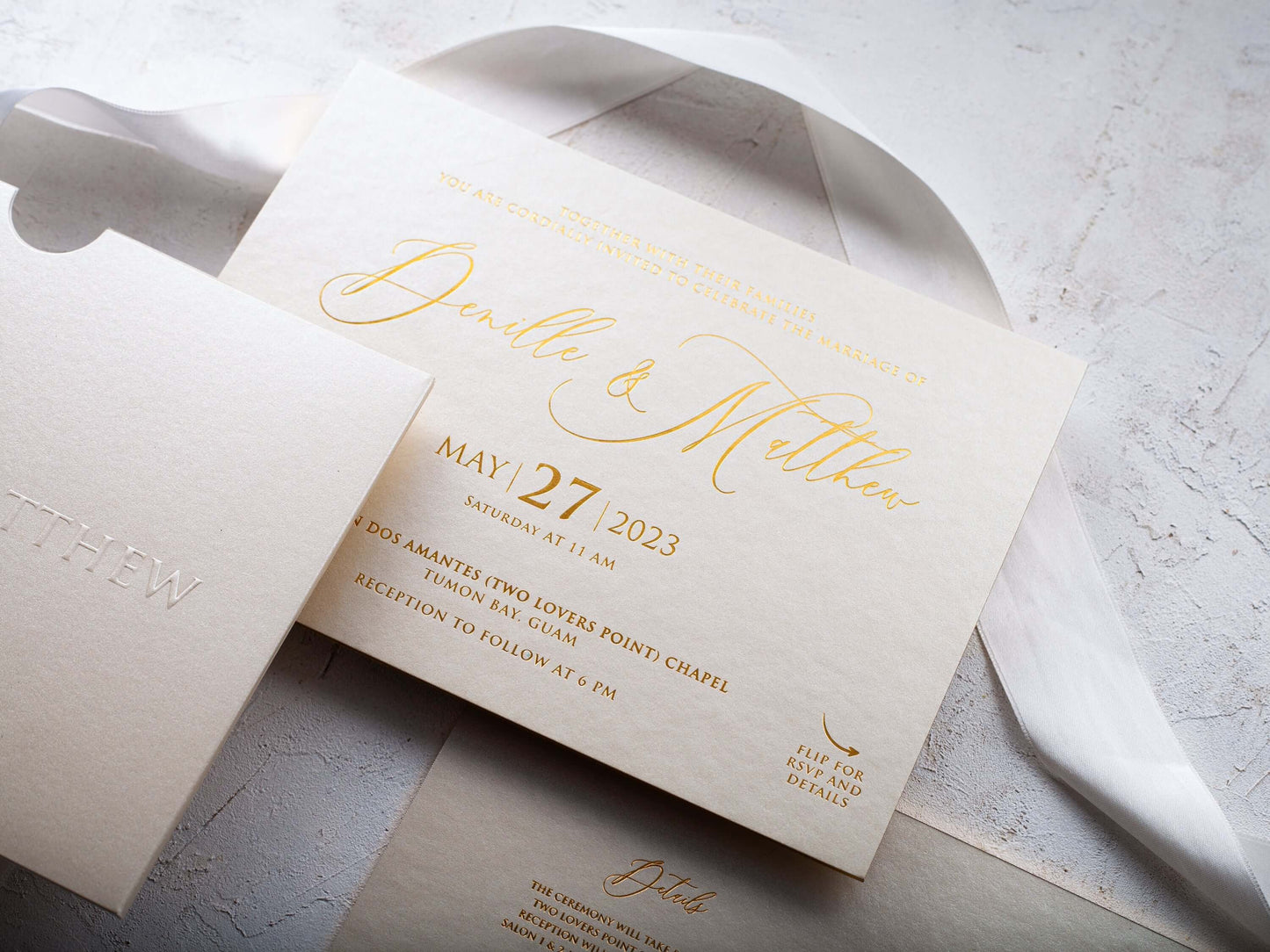 Ivory and Gold Embossed Wedding Invitations
