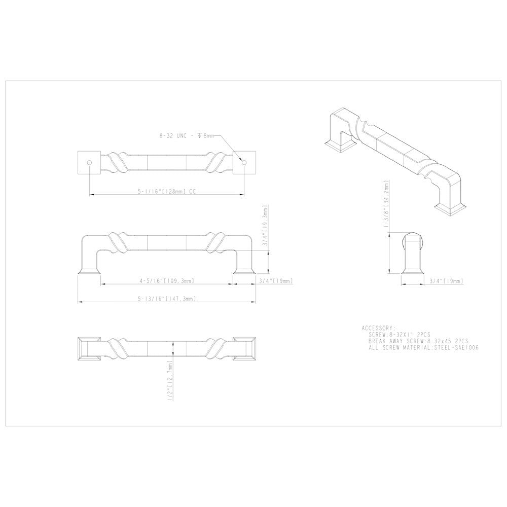 96 mm Center-to-Center Matte Black Rustic Twist Tahoe Cabinet Pull