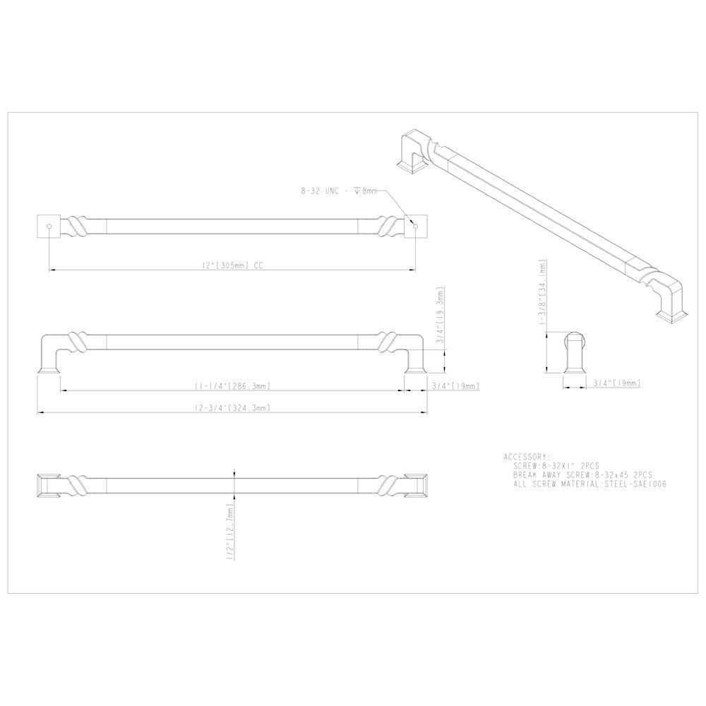96 mm Center-to-Center Matte Black Rustic Twist Tahoe Cabinet Pull